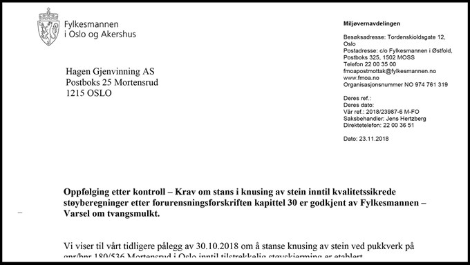 Steinknusingen: Fylkesmannen krever stans i knusingen inntil kvalitetssikrede støyberegninger foreligger