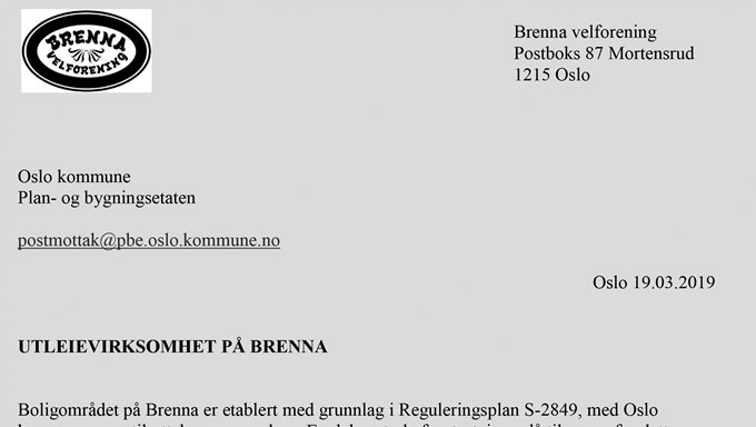 Velforeningen ber om møte med Plan- og bygningsetaten om den økende utleievirksomheten på Brenna